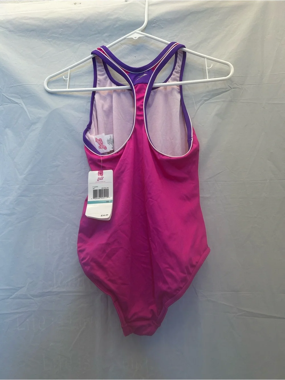 Speedo Girls' New Blush Bright Pink  One-Piece Swimsuit with Purple Trim Sz 16
